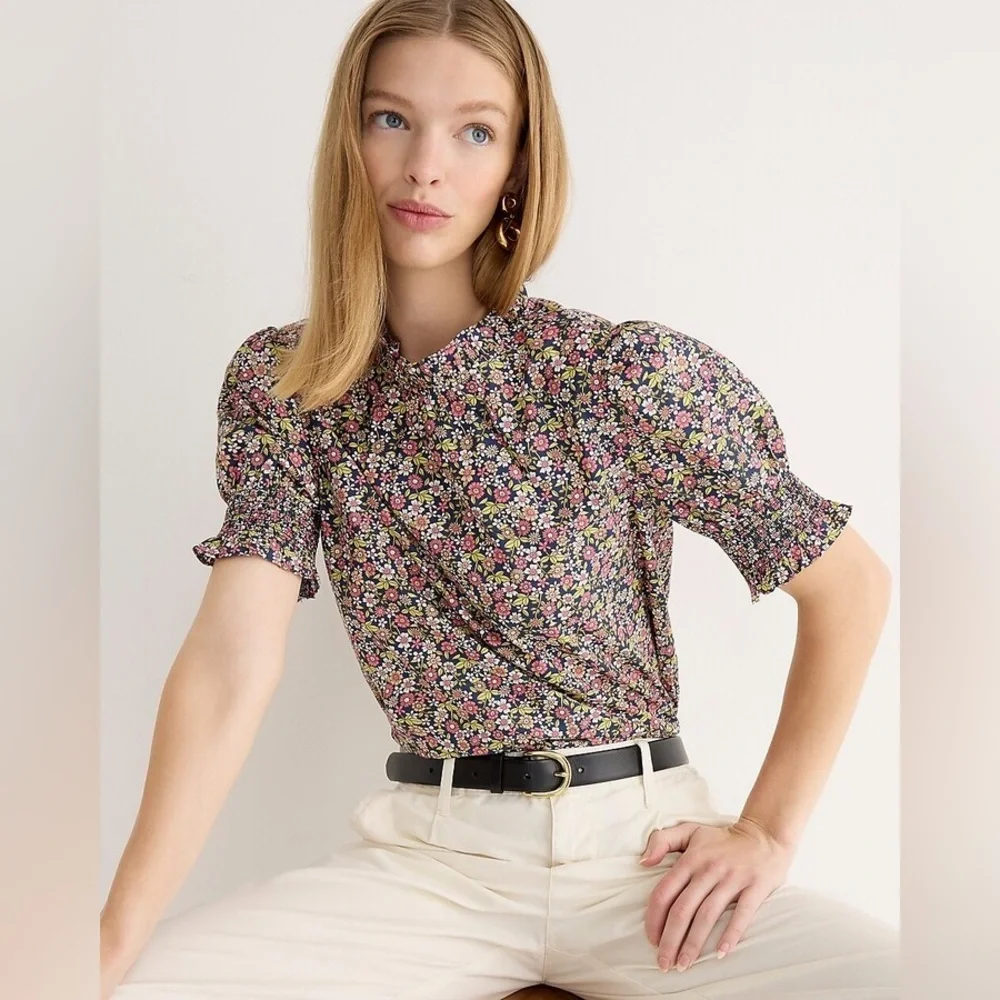 J. Crew smocked puff sleeve cotton poplin top in meadow floral sz sm